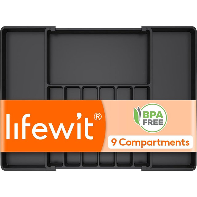 Lifewit Silverware Drawer Organizer, Expandable Utensil Tray for Kitchen, BPA Free Flatware and Cutlery Holder, Adjustable Plastic Storage for Spoons Forks Knives, 17- 30 x 18.5", Black