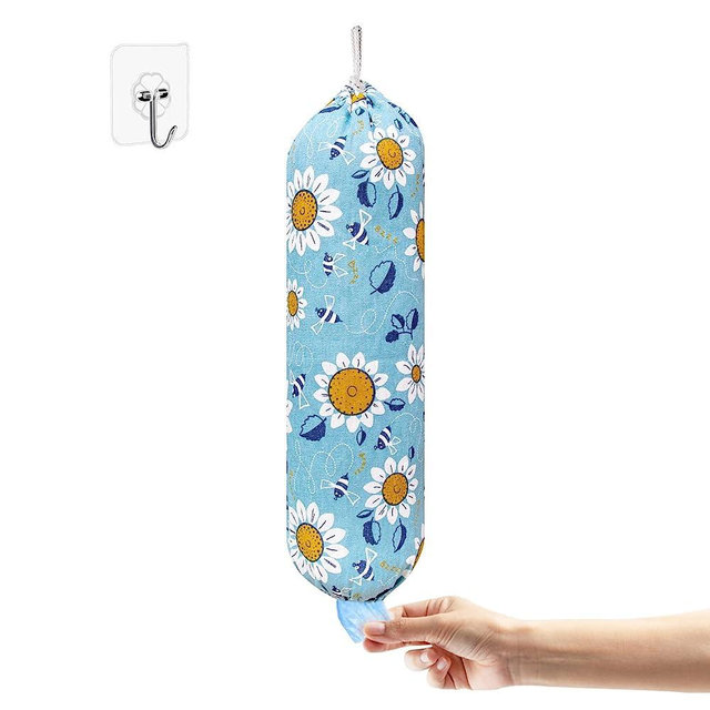 Plastic Bag Holder,Wall Mount Plastic Bag Organizer,Washable Large Grocery Bag Storage Dispenser,Shopping Bags Carrier ​for Home Kitchen Travelling,Free Adjustment with Drawstring,Sun flower, 22x9"