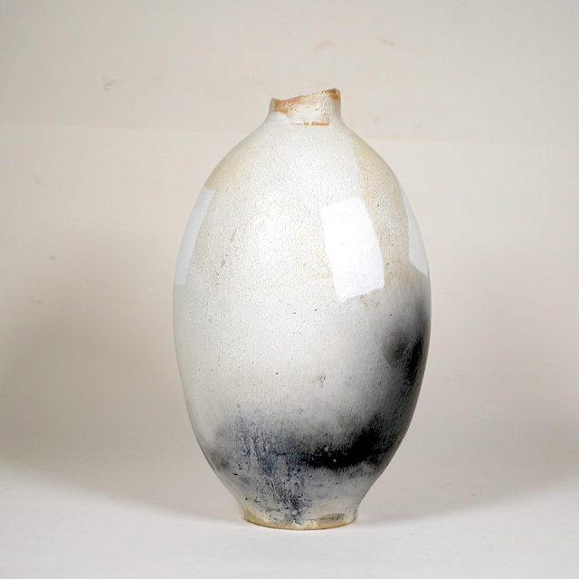 A studio pottery crackle vase signed by DORF - white and black hand painted