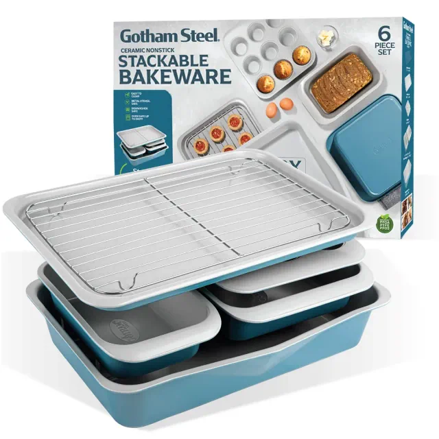 Gotham Steel Stackable Ceramic Nonstick Teal/Grey Bakeware Set 6 Piece Easy Clean Oven Dishwasher Safe