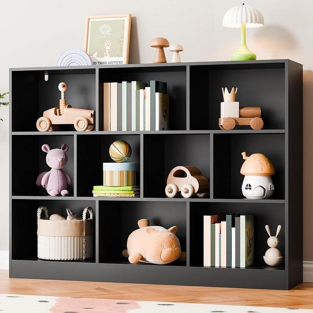Cozy Castle Black Bookshelf, 3-Tier Open Shelf Bookcase, 10 Cube Storage Organizer with Anti-Tilt Device for Bedroom, Living Room, 55.11" W x 11.61“D x 40.94“H