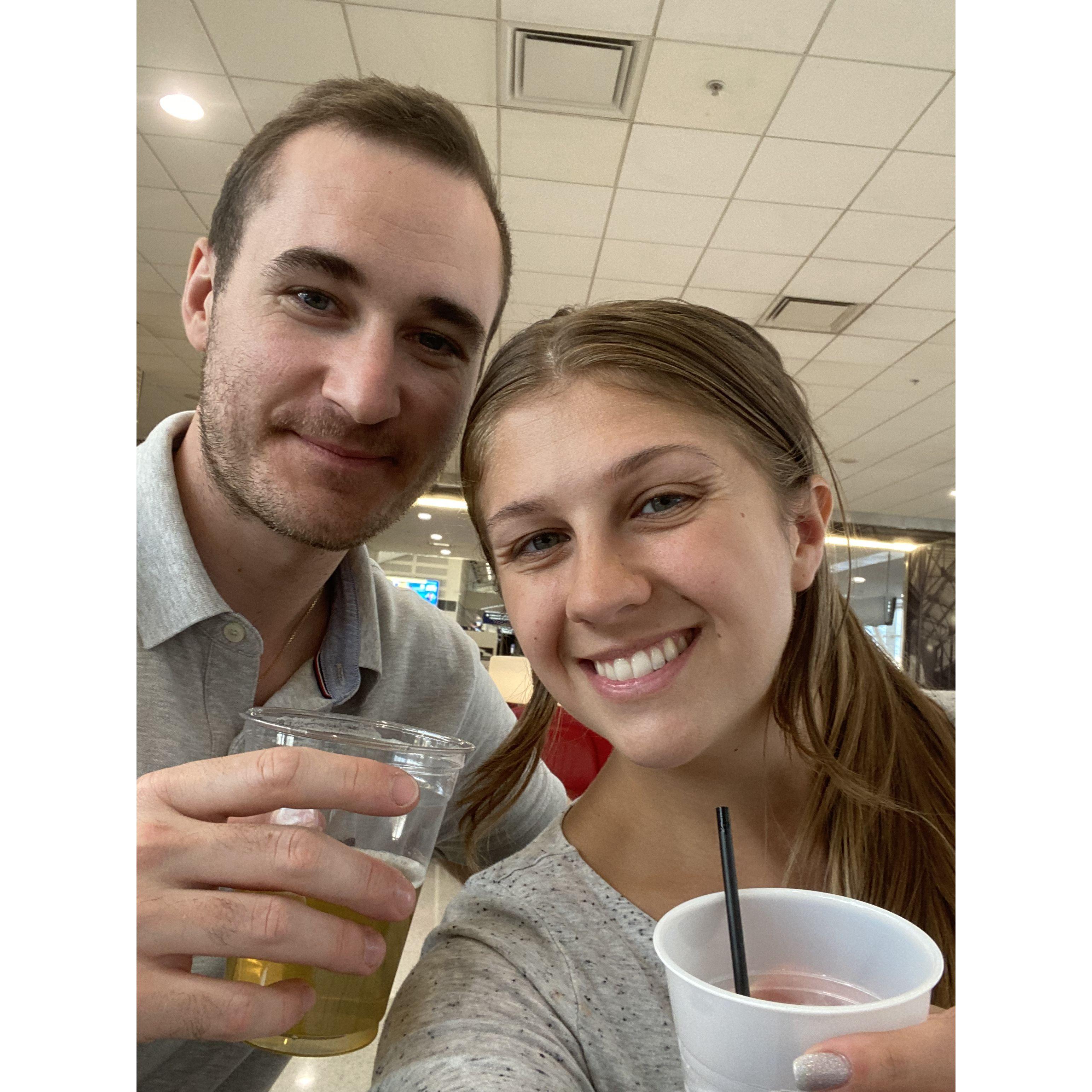 Enjoying a drink before Maranda's first ever one-way flight to California!