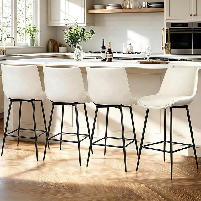 VATROS Counter Height Bar Stools Set of 4, FSC Certified Upholstered Faux Leather Barstools with Back, Metal Base, 27" Seat Height, Modern Upholstered Counter Stools for Kitchen Island,(Beige