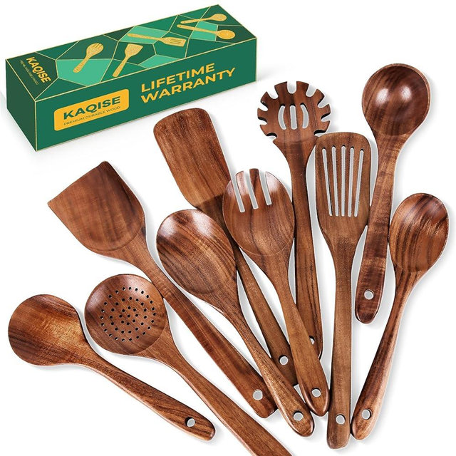 KAQISE Wooden Spoons for Cooking, 10PCS Teak Wood Kitchen Utensils Set, Nonstick Cookware Utensil Set-Spatula Ladle Strainer Spoon Fork,Heat Resistant Essential Wooden Kitchen Tools