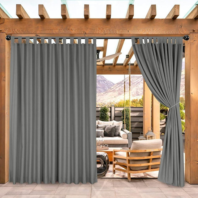 BONZER Outdoor Waterproof Curtains for Patio, Wide Tab Top Sunlight Blocking Outside Curtains for Porch, Pergola, Gazebo, Cabana, 1 Panel, 100x120 Inch, Grey