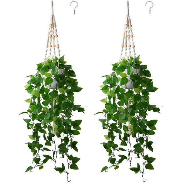 Hoppwodd 2 Packs Fake Hanging Plant with Pot, Artificial Hanging Plants with Macrame Hanger, Faux Hanging Greenery Ivy Vine for Bedroom, Home, Office Decor