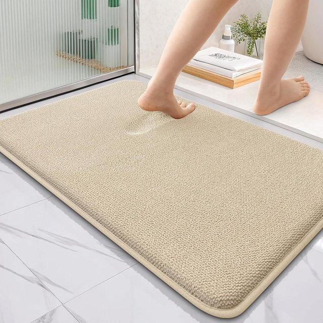 OLANLY Thick Memory Foam Bath Mat Rug 35x24, Extra Soft Absorbent Bathroom Rug, Quick Dry Bath Mats, Non-Slip, Machine Washable Carpet for Bathroom, Tub and Shower, Home Decor Accessories, Beige
