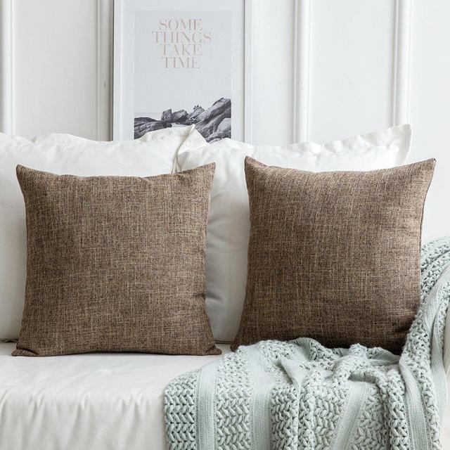 MIULEE Pack of 2 Decorative Linen Burlap Pillow Cover Square Solid Throw Cushion Case for Sofa Car Couch 18x18 Inch 45x45 cm Brown