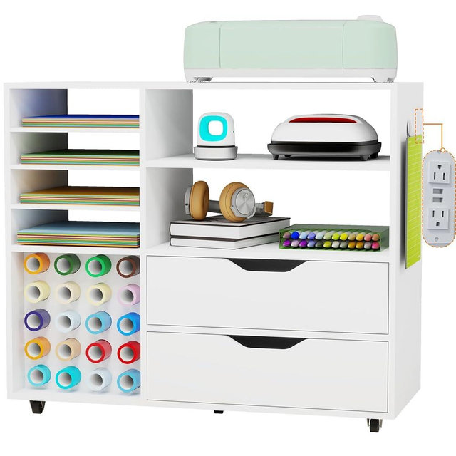 Secilix Rolling Craft Organization and Storage Cart Compatible with Cricut Machine Cricut Table Organizer With Drawers,Vinyl Roll Holder,Paper Storage,Charge Station,Hooks, for Home Craft Room