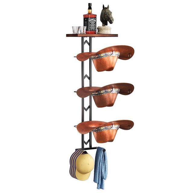 ATSKIM Cowboy Hat Rack for Wall, Hat Organizer for Baseball Caps, 3 Pieces Western Hats Hangers Holder with 2 Hooks, Rustic Wood Display Stand with Storage for Fedora,Sun Hats (Black)