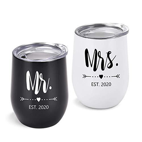 Mr and Mrs EST 2020 Wine Tumbler Bridal Shower Gift for Bride and Groom, 12 Oz Mr Mrs Tumblers Wedding Gift for Newlyweds Couples Bride to Be His and Her Engagement Honeymoon, Set of 2