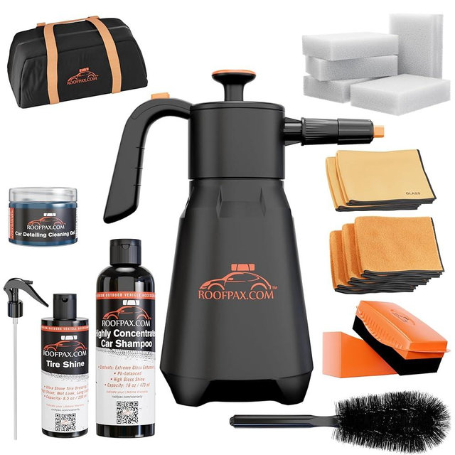 RoofPax Eco-Friendly Waterless Car Wash Spray Kit with Pressure Foam Microfiber Cloths Gel Cleaner Magic Sponge Tire Brush & Tire Spray Rinseless Car Wash for Exterior & Interior Cleaning