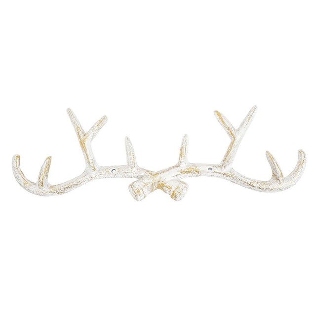 Sungmor Vintage Cast Iron Antlers Wall Hooks, Antique White Decorative Coat Hanger Deer Head Key Holder, Rustic Metal Wall Mounted Storage Hooks for Coats, Jackets, Purses and More