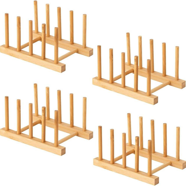 Yuixoseu 4 Pcs Bamboo Wooden Dish Rack, Plate Organizer for Cabinet Space Saver and Kitchen Counter, Bowl/Cup/Pot Lid/Cutting Board Drying Holder (4 Slots)