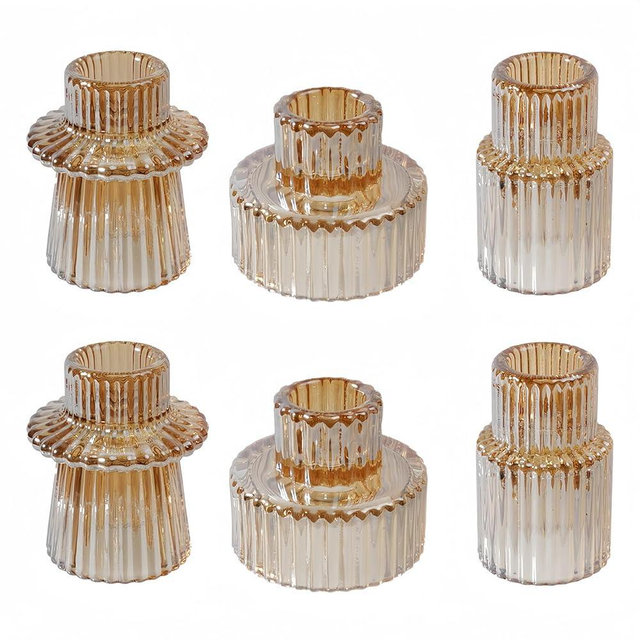 Double Sided Vintage Ribbed Taper Glass Candle Holders,Tea Candle Holder for Table Centerpieces, Wedding Decorations and Dinner Parties (Gold, 6PCS)