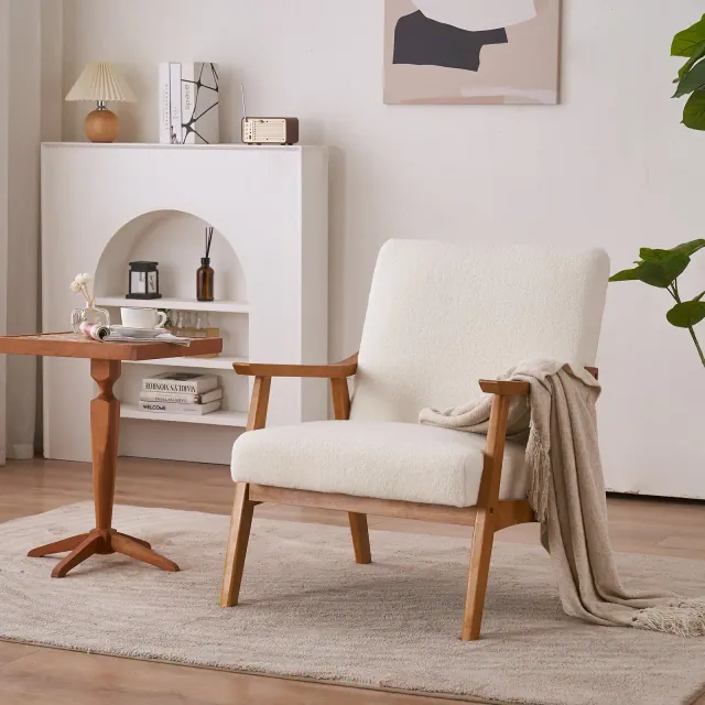 KTMBDW Mid Century Modern Accent Chair with Wood Frame, Upholstered Living Room Chairs, Reading Armchair for Bedroom Sunroom, Beige