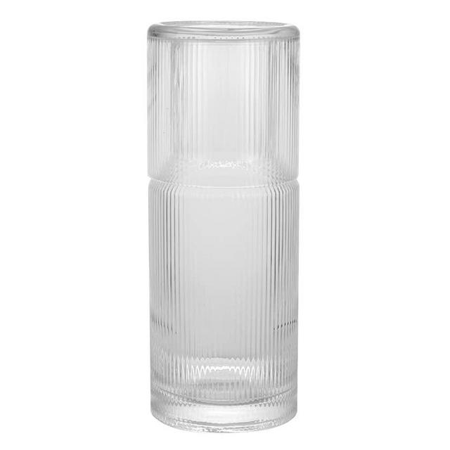 Bruno Magli Ribbed Clear Carafe | 2-Pc Set | Drinking Glass Tumbler Doubles as a Lid | Elegant Nightstand Water Pitcher with Matching Cup for Office, Home, & Guest Room Décor | Gift Boxed | 28-Oz