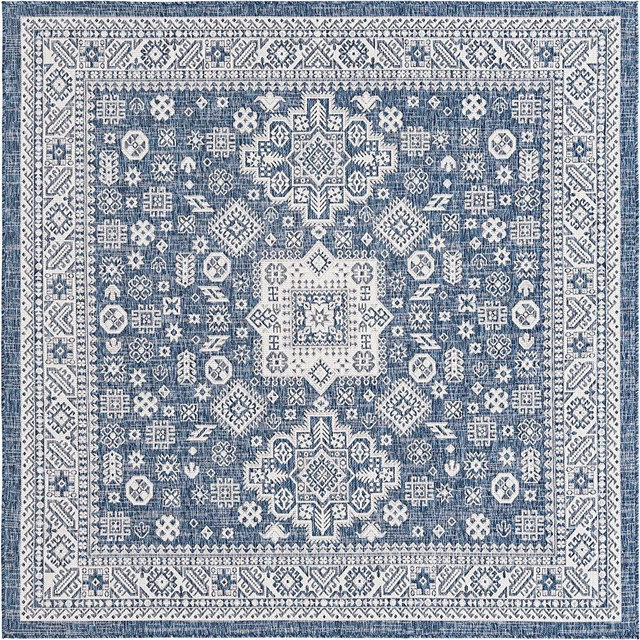 Rugs.com Outdoor Aztec Collection Rug – 8 Ft Square Blue Flatweave Rug Perfect for Living Rooms, Kitchens, Entryways