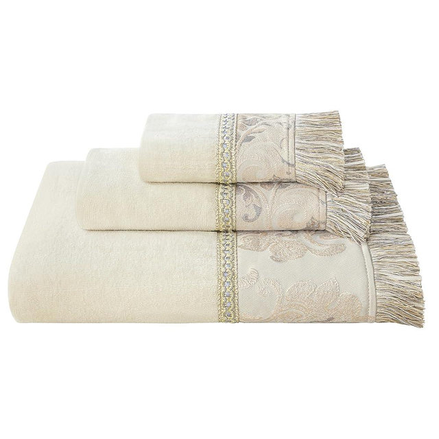 Loom and Mill Luxury Cotton Bath Towel Set 3 Piece-1 Bath Towel 1 Hand Towel 1 Wash Cloth, Ultra Soft Decorative Towel Sets Highly Absorbent for Bathroom, Elegant Floral Design(Ivory-Light Apricot)