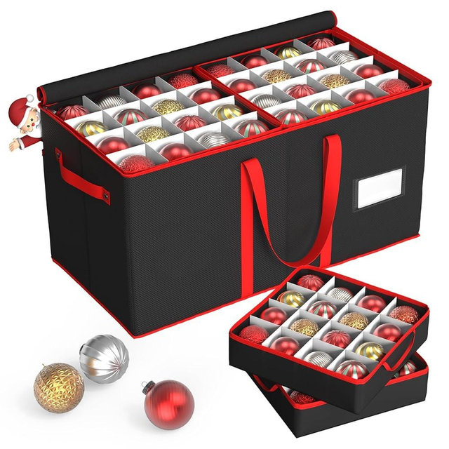 Kesfitt Christmas Ornament Storage Box with 8 Trays,Christmas Storage Container with Dividers Fits 128 Holiday Ornaments Decorations,Double Zipper,Large Xmas Organizer with Pockets(Black)