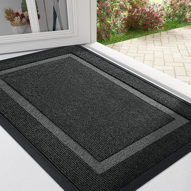 OLANLY Front Door Mat Indoor Outdoor Entrance, Waterproof All-Season, All-Weather Doormat, Sturdy Natural Rubber, Fade Resistant, Low Profile, Easy Clean Patio Porch Entryway Mat 47x24, Black
