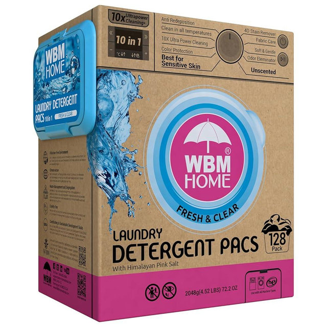 WBM Laundry Detergent Pods, 128 Count | Fresh & Clear Unscented | Laundry Pods 10x Ultrapower Cleaning With Color Protection and Eco-Friendly Packaging