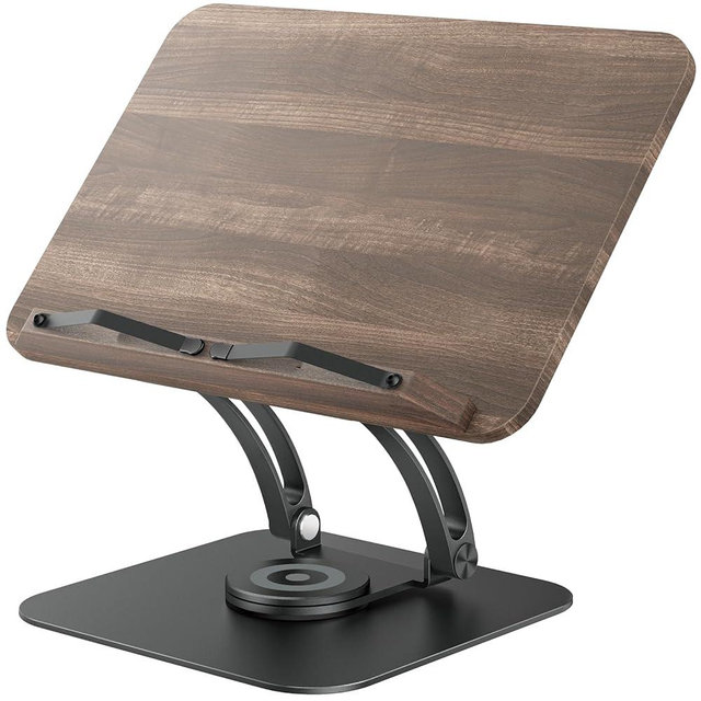 Tounee Book Stand for Reading, Adjustable Book Holder with 360° Swivel Base, Foldable Cookbook Stand Recipe Book Holder with Elastic Page Clips for Music Scores, Recipe, Tablet, Laptop-Black