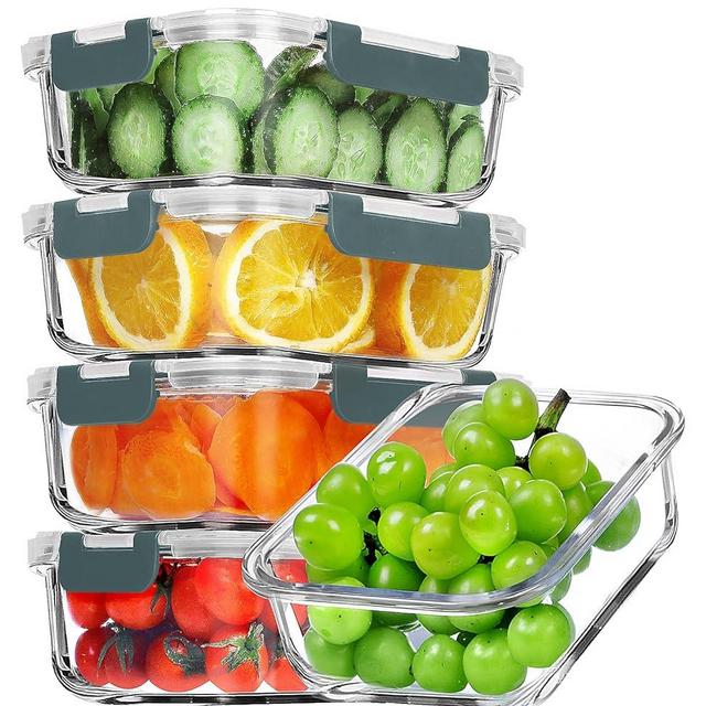 VERONES 5 Pack 36 OZ Glass Meal Prep Containers, Airtight Glass Lunch Containers Set, Glass Food Storage Containers with Lids,BPA-Free, for Microwave, Oven, Freezer & Dishwasher Friendly,Grey