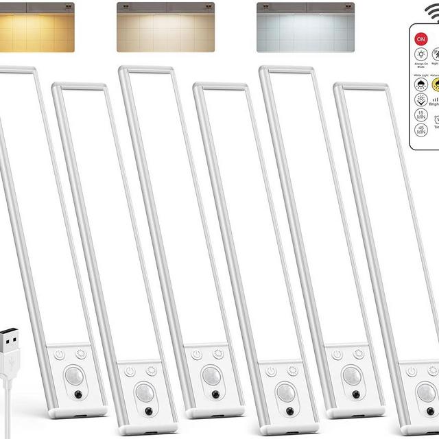 Under Cabinet Lighting Wireless, 2200mAh Rechargeable Battery Operated Motion Sensor Light Indoor, 3 Color Temps Under Counter Light, Dimmable Wireless Closet Lights w/Remote for Kitchen,Pantry,6 Pack