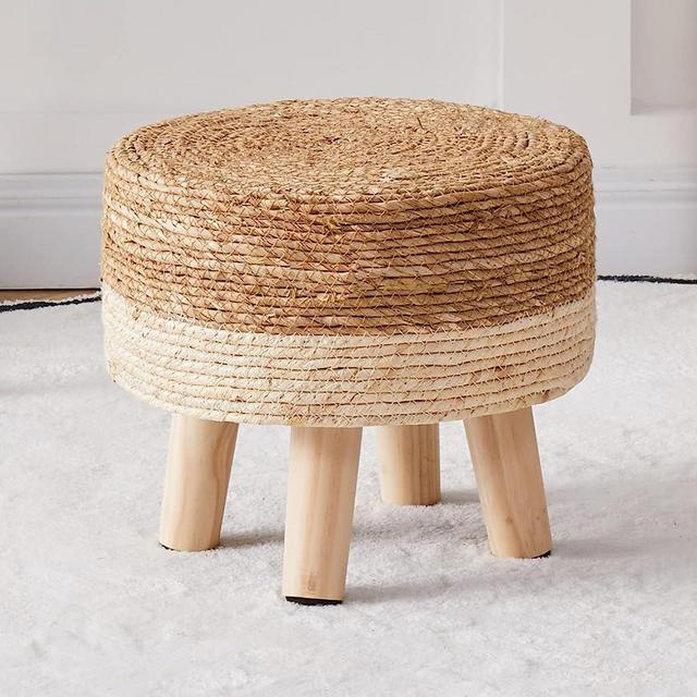 Cpintltr Foot Stool Natural Seagrass Hand Weave Poufs Round Ottoman for Couch Desk Soft Step Stool Padded Foot Rest with Non-Skid Pine Legs for Hallway Office Lounge Natural/White