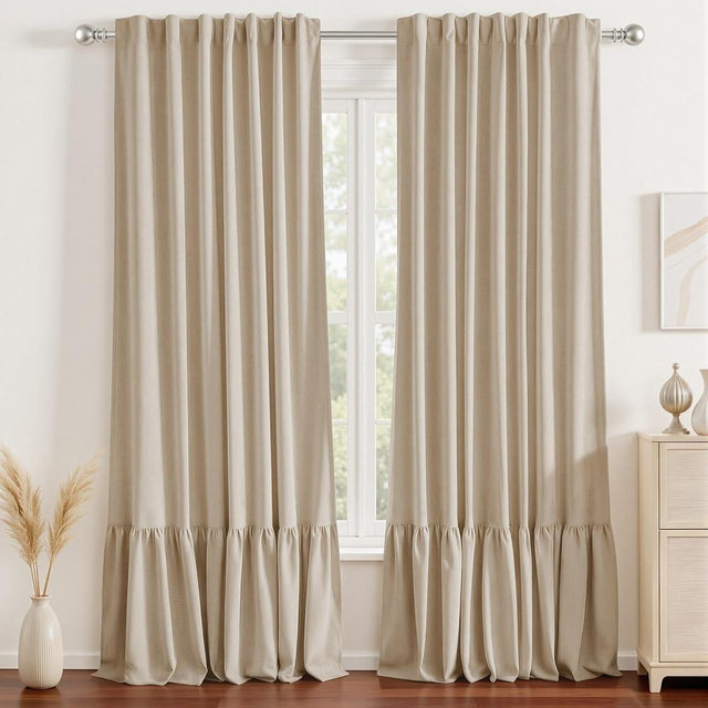 LuxeNook Ruffle Double Layer Blackout Curtains 84 Inches, Farmhouse Thermal Insulated Drapes with White Liner, Back Tab Panels for Bedroom Living Room Light Sleepers, 2 Panels Linen (52" W x 84" L)