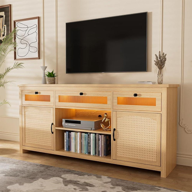 Yeyawomy Rattan Tall Entertainment Center for 65 inch TV, Modern TV Stands for Living Room,Tall TV Stand with LED Lights, Storage Cabinet,Adjustable Shelf,Media Console,Wood TV Consoles