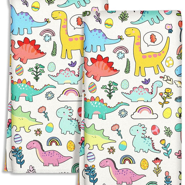 Miss Adola Cute Kitchen Towels Set of 2 - Dish Towels 18 x 26 Inch Microfiber Tea Towel for Home Decorative Dinosaur Spring Soft Reusable & Absorbent Aesthetic Vintage Design