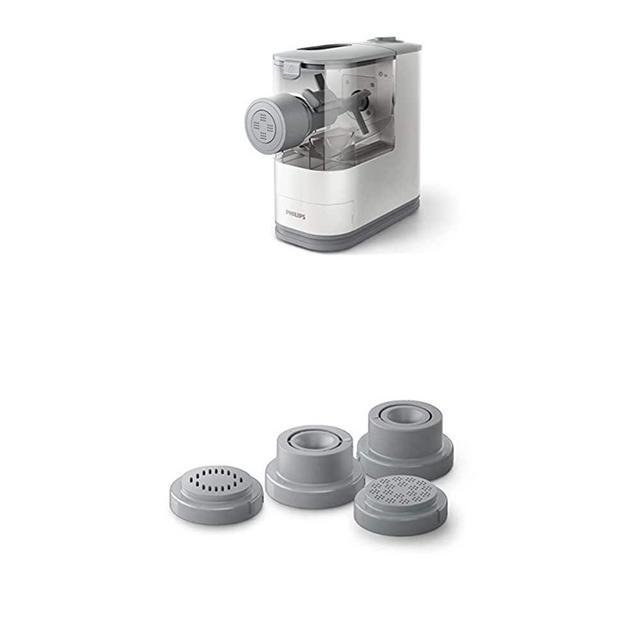 Philips Compact Pasta and Noodle Maker with 3 Interchangeable Pasta Shape Plates - White + Pasta Maker 4-in-1 accessory shape kit- Pappardelle, Tagliatelle, Angel Hair and Lasagna