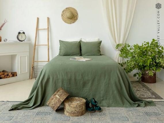 Moss green linen bedspread -olive green king/queen size bed cover- military green heavier linen bed throw- green linen throw