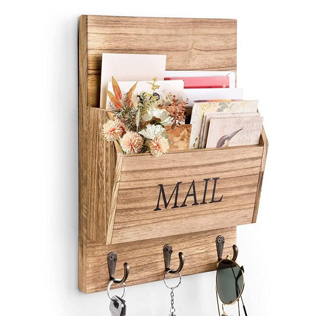 DLQuarts Mail Organizer with Key Holder for Wall Decorative Mail Sorter Wall Mounted, Wooden Mail Holder with 3 Hooks, Carbonized Black