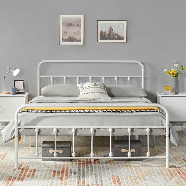 Yaheetech Metal Platform Bed Frame Mattress Foundation with Victorian Style Iron-Art Headboard/Footboard/Under Bed Storage No Box Spring Needed for Boys Girls Queen Size White