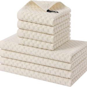 Homaxy 100% Cotton Kitchen Towels and Dishcloths Set, 12 x 12 & 15 x 25 Inches, Set of 8 Bulk Terry Cloth Dish Towels, Super Soft and Absorbent Hand Towel with Hanging Loop, Beige