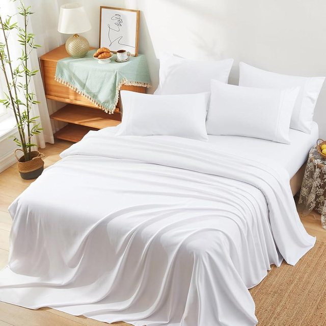 Manyshofu 70% Rayon Derived from Bamboo Sheets King Size Bed Sheets - 6 Piece Organic Cooling Sheets Silky White King Sheet Set - Soft Breathable Luxury Bedding Sheet & Pillowcases
