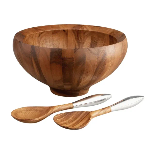 Nambé Yaro Salad Bowl Set – 14" Acacia Wood Bowl with Alloy-Accent Servers, Smooth Sculpted Design & 4 QT Capacity – Elegant Tableware