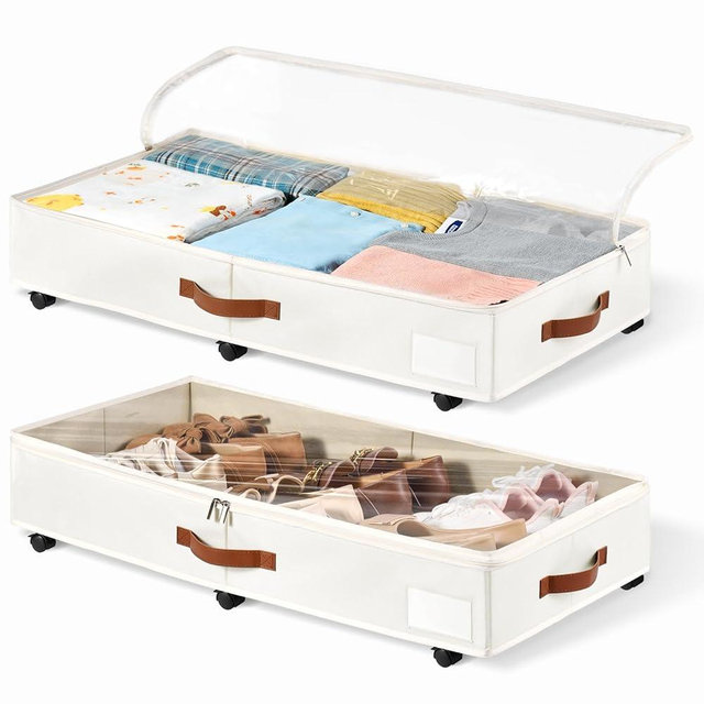 KitHero 6 Inches Under Bed Storage with Wheels Pack of 2, Underbed Shoe Storage Container Bin with Clear Lid Cover, Rolling Under Bed Drawer Storage Bag Basket for Shoe Organizer Sheet Sweater - White