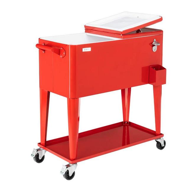 VINGLI 80 Quart Rolling Ice Chest on Wheels, Portable Patio Party Bar Drink Cooler Cart, with Shelf, Beverage Pool with Bottle Opener,Water Pipe and Cover (Red)