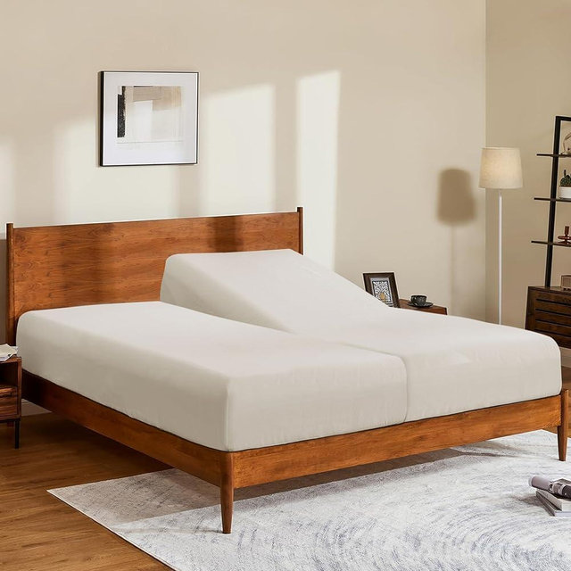 Split King/2 Pack Twin XL 100% Egyptian Cotton Fitted Sheets 600 Thread Count 16" Deep Pocket(Split King/2 Pack Twin XL Fitted Sheet, Light Beige)