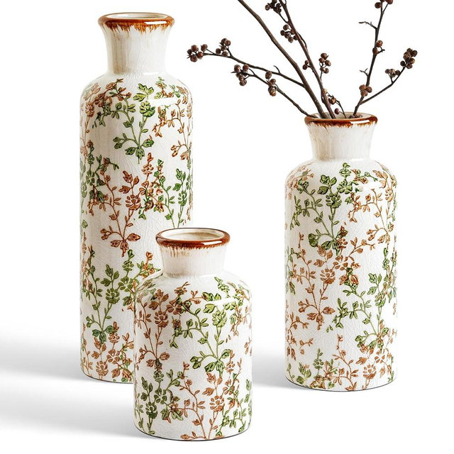 LE TAUCI Ceramic Vase Set of 3, Vintage Botanical Flower Vases for Fresh or Dried Flowers, Cottagecore Home Decor for Coffee Table, Mantel, Shelf, Entryway, Vine Green