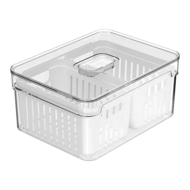 OU Fridge Organizer Bin with Drain Baskets & Vented Lid, 2.3qt Clear Stackable Refrigerator Storage Bin, Produce Kitchen Storage Container, BPA Free