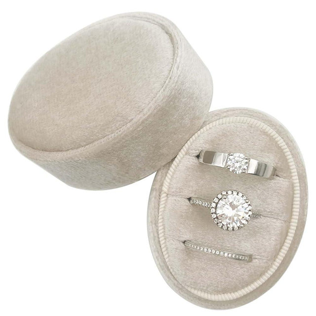 Beatilog Velvet Oval Ring Box 3 Slots - Premium Wedding Three Rings Box Holder Vintage Handmade Storage Jewelry Organizer for Proposal, Engagement, Wedding Ceremony, Christmas (Beige)