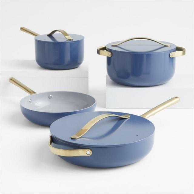 Caraway Home Sapphire 7-Piece Ceramic Non-Stick Cookware Set with Gold Hardware