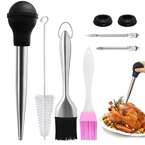 Stainless Steel Turkey Baster, Baster Syringe for Cooking, Meat Injector Set with 2 Marinade Needles, 2 Silicone BBQ Basting Brushes, 2 Silicone Stoppers, 1 Cleaning Brush for Home Baking Kitchen Tool
