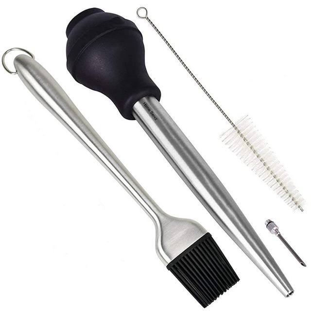 Home Servz 18/8 Stainless Steel Turkey Baster Syringe - Injector Needle with Cleaning Brush - Food Grade Silicone Bulb & Heavy Duty 12 Inch Stainless Steel Handle Silicone BBQ Basting Brush
