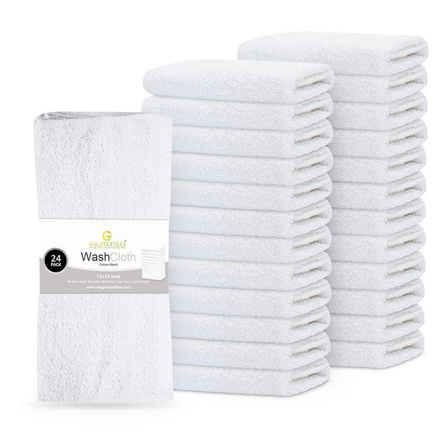 GOLD TEXTILES 24 Pack Economy White Washcloths Set (12x12 inches) - Cotton Blend Commercial Grade Cleaning Rags, Quick Drying & Soft Face Cloths, Fingertip Towels for Bathroom, Spa, Gym, and Kitchen